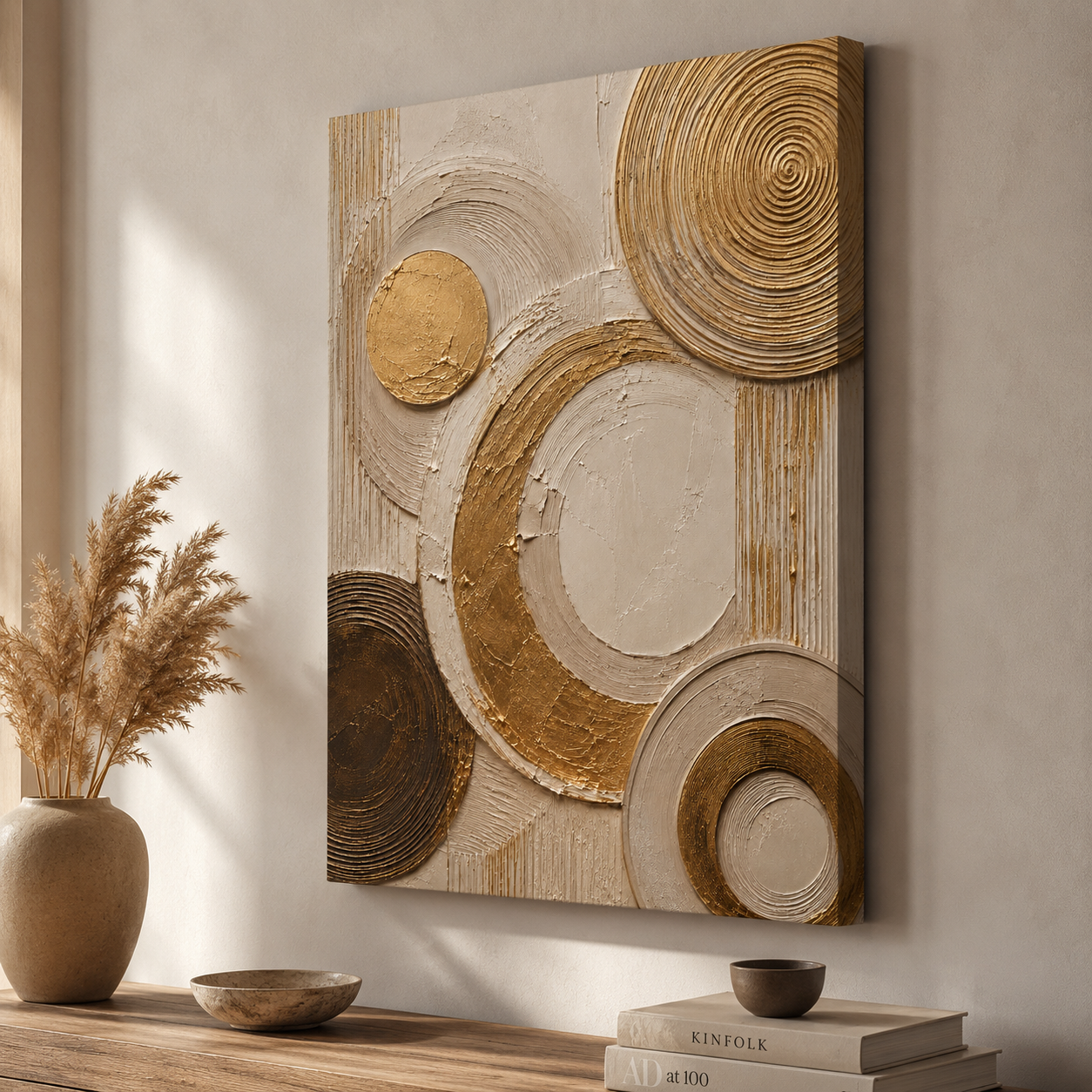 Canvas: Ivory canvas print faux gold texture wall art gallery wrap, abstract circular plaster-effect design for modern home décor