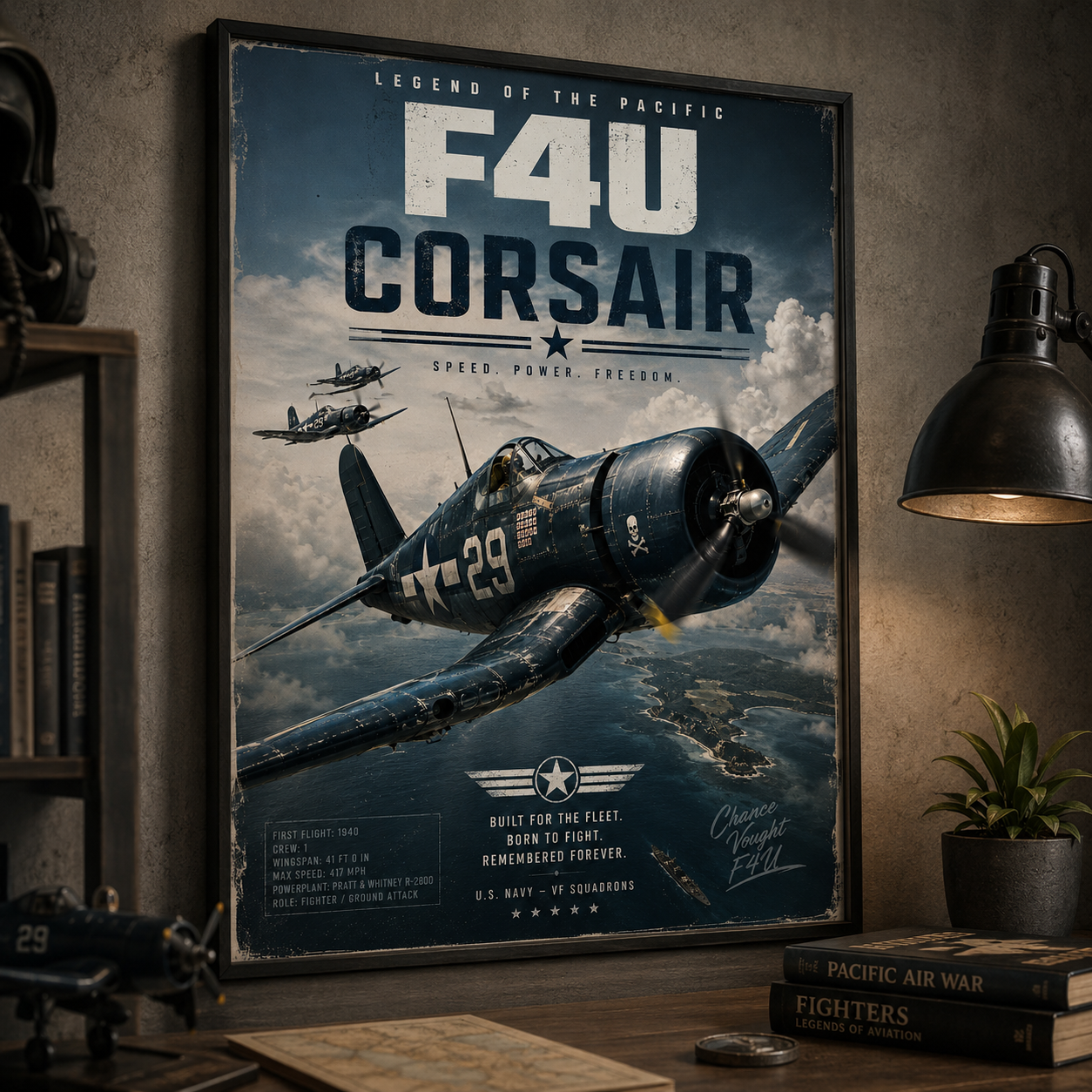 Vintage aviation art bringing bold WW2 military energy to a home office or study wall