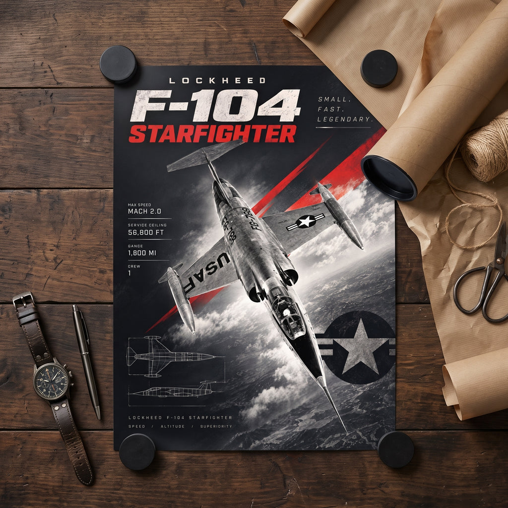 Lockheed F-104 Starfighter jet seen from above, flying over clouds and terrain, aviation poster art