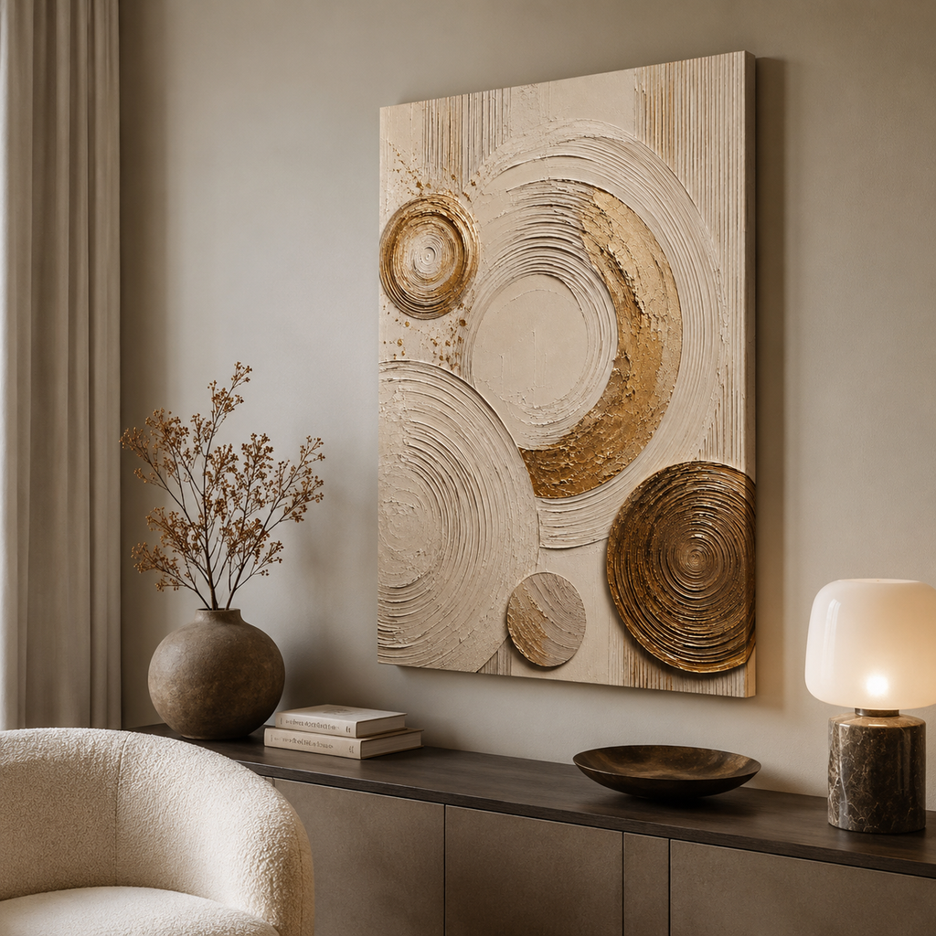 Cream canvas print faux texture wall art gallery wrap, soft gold splatter abstract circles for neutral home décor.