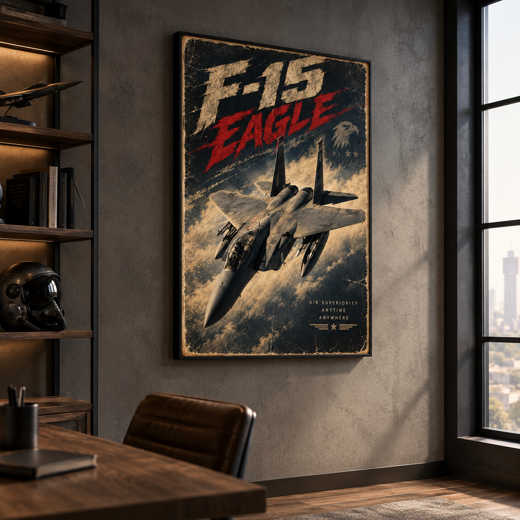 “Air Superiority Anytime Anywhere” tagline with star-and-wings badge on the F-15 Eagle air force poster