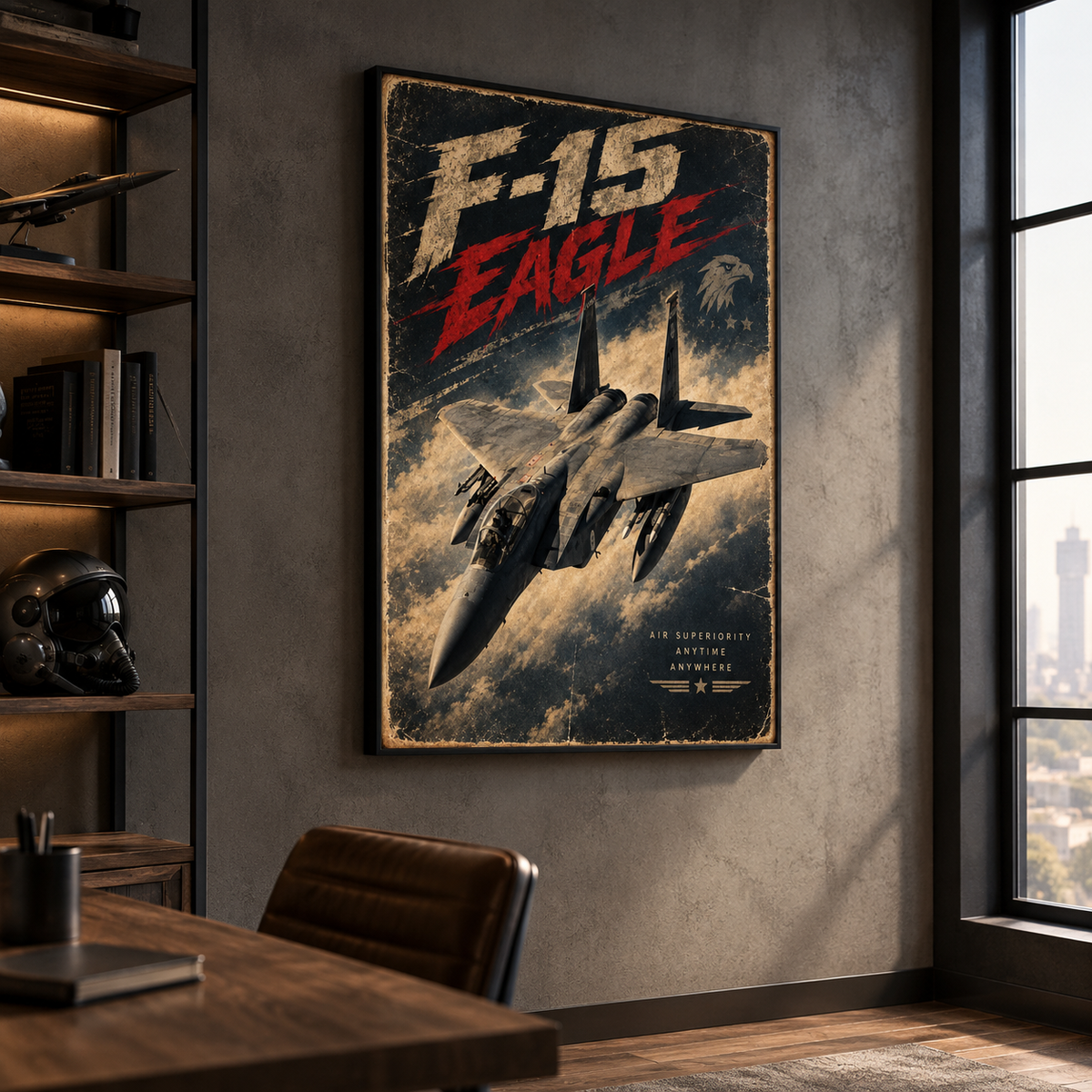 “Air Superiority Anytime Anywhere” tagline with star-and-wings badge on the F-15 Eagle air force poster