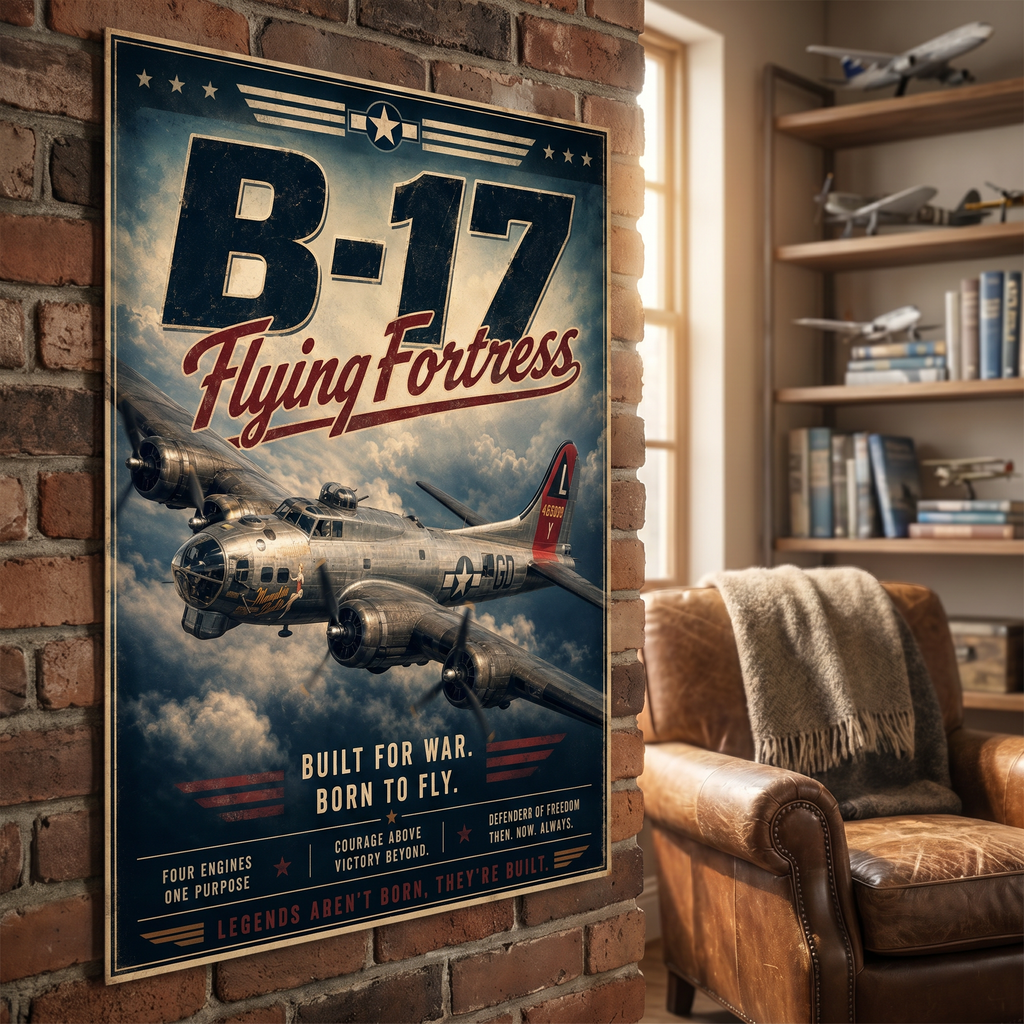 WWII poster wall art – b17 bomber, archival ink on 250gsm matte paper, ready to frame and hang.