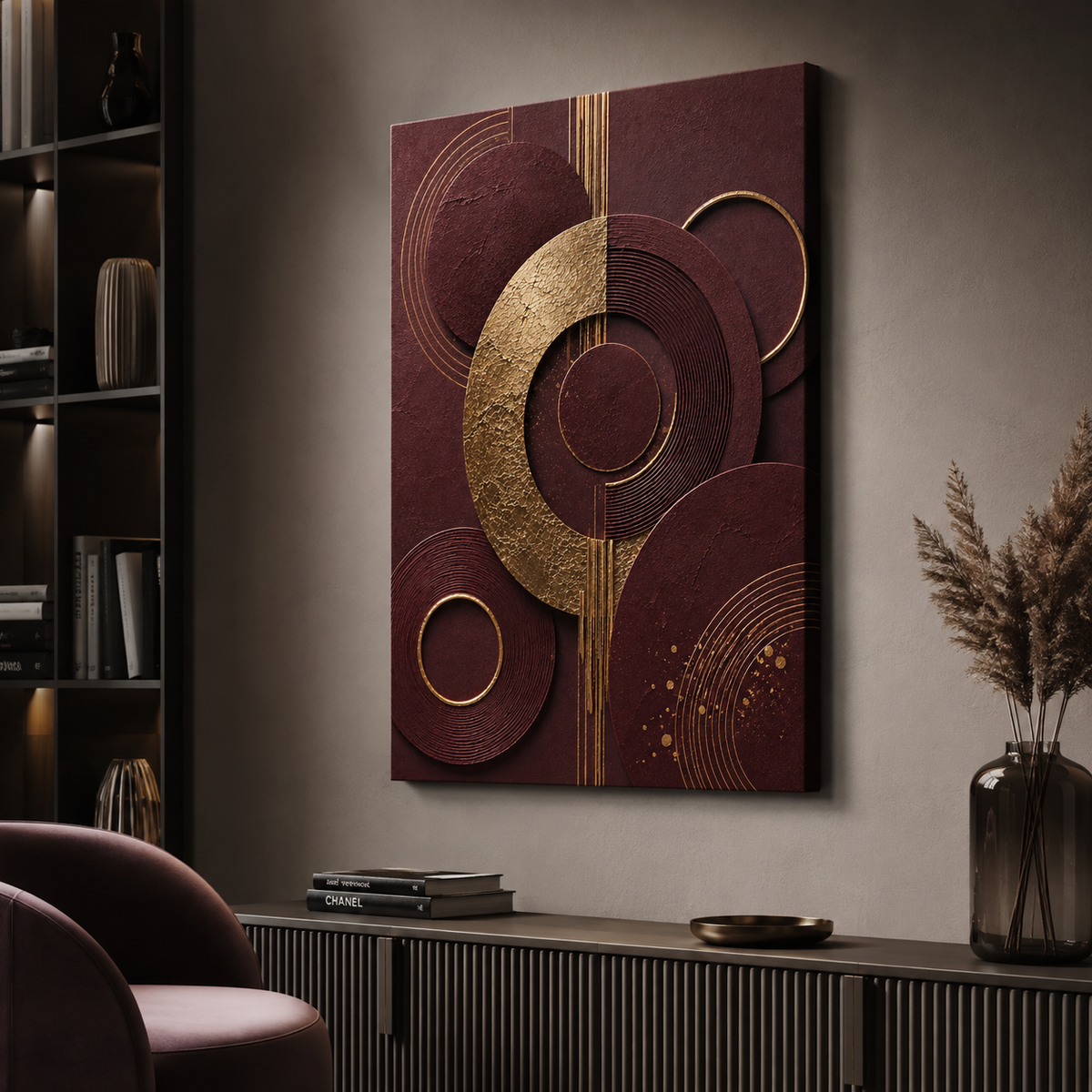 Burgundy canvas print faux gold texture wall art gallery wrap, jewel-tone ring design for rich statement décor.