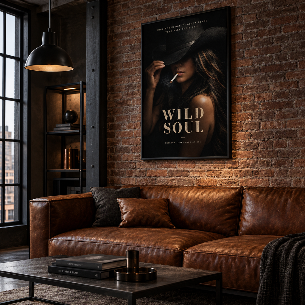 Dark feminine poster with long brown hair, bronze highlights and a black cowboy hat