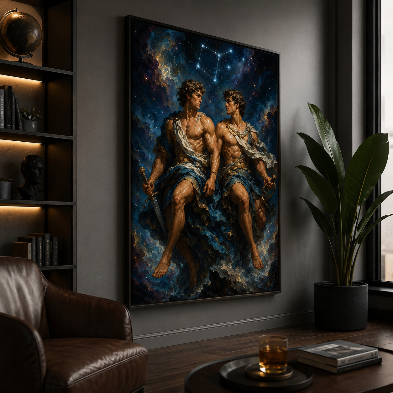 Mythology art print of twin gods framed by a cosmic nebula background