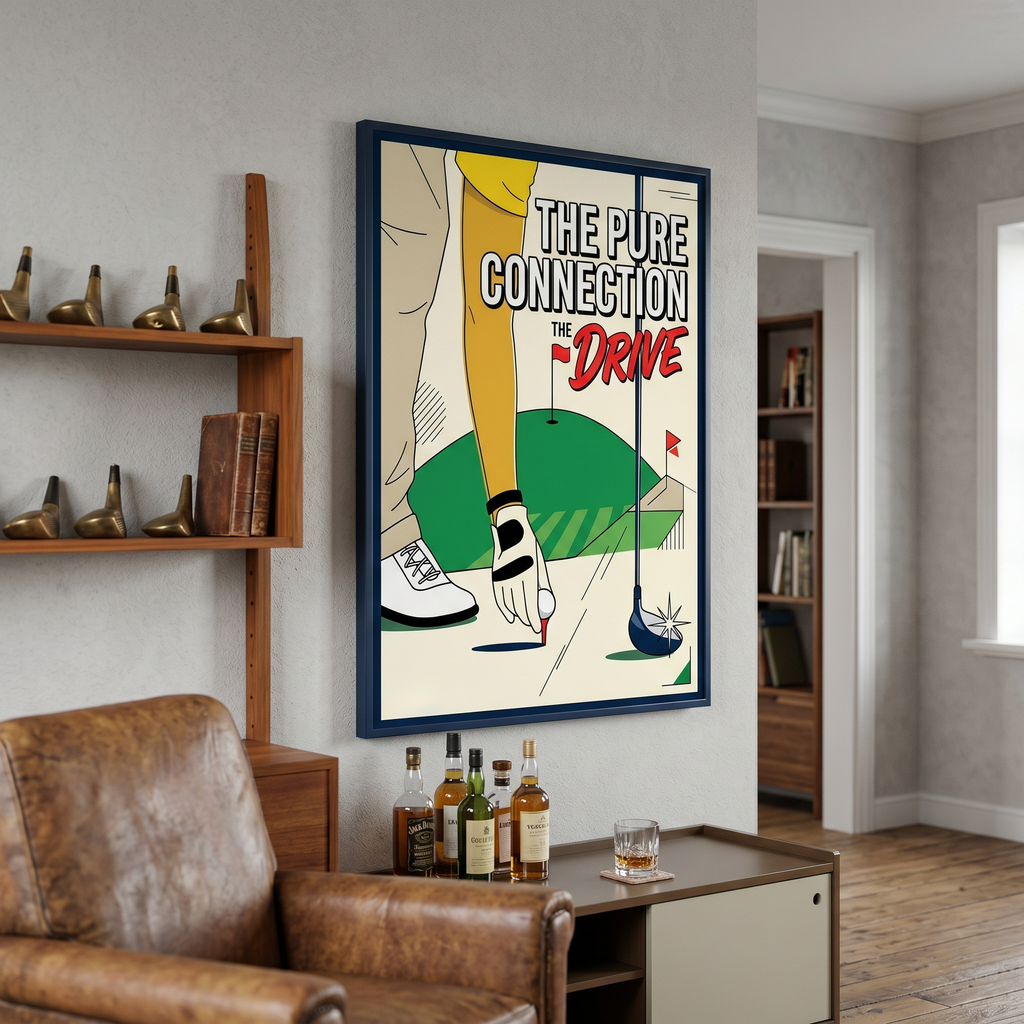 Retro golf wall art in home office — golf decor print, warm white wall, framed vintage poster style