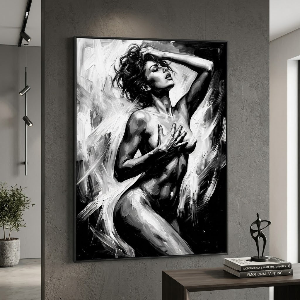 Nudist woman art print displayed on a living room wall