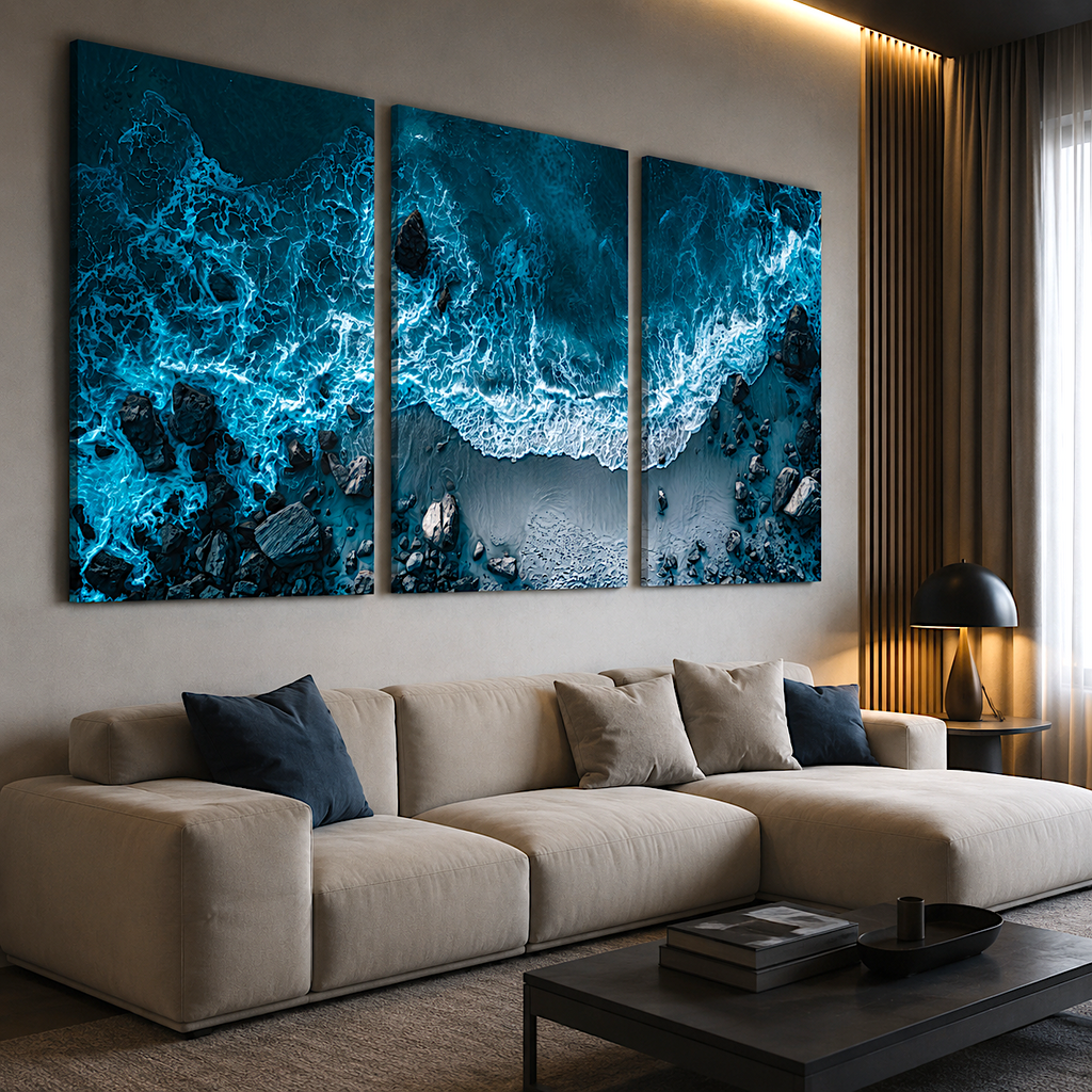 Aerial beach print canvas set — gallery wrap, ready to hang, no frame needed