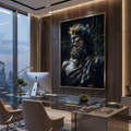 Office wall decor above desk — dark mythology art print, greek statue cyberpunk poster, moody home office setup