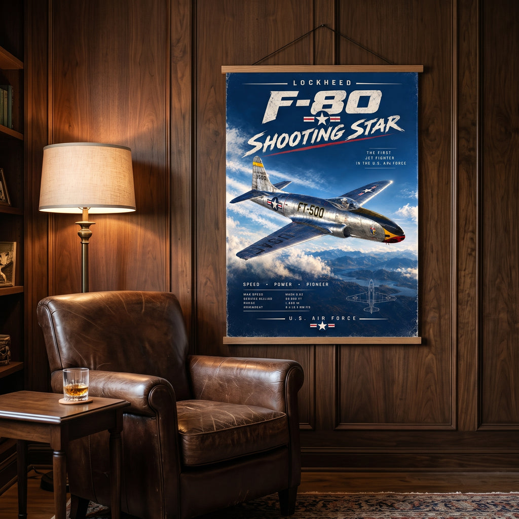 White blueprint-style outline of the F-80 jet in the lower corner of the vintage aviation poster