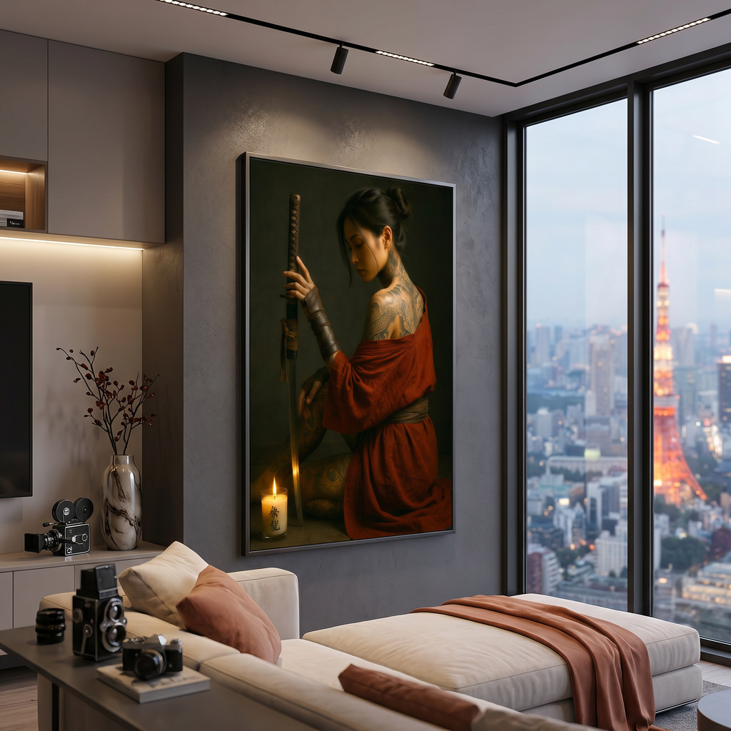 Japanese art print on charcoal wall — samurai woman red kimono, dark art, premium matte poster
