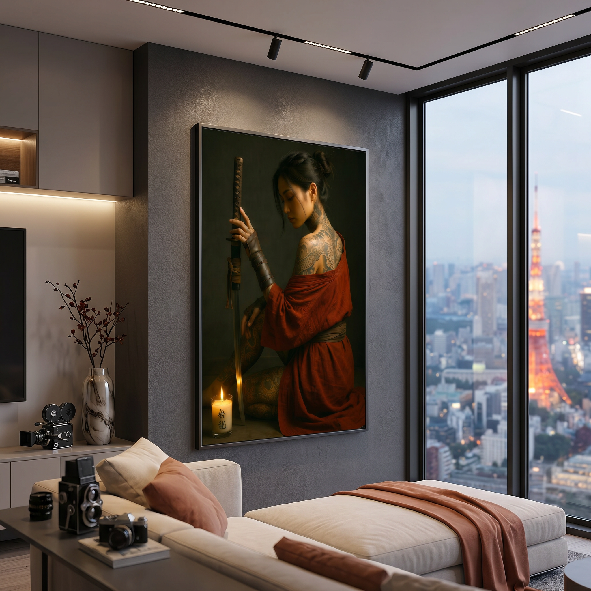Japanese art print on charcoal wall — samurai woman red kimono, dark art, premium matte poster