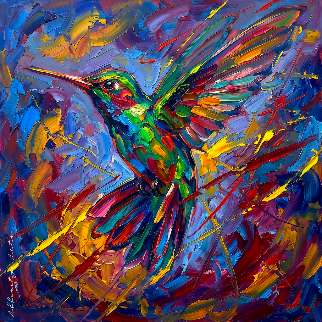 Colorful hummingbird wall art — expressive bird in flight, cobalt and crimson brushstrokes, bold nature print for living room