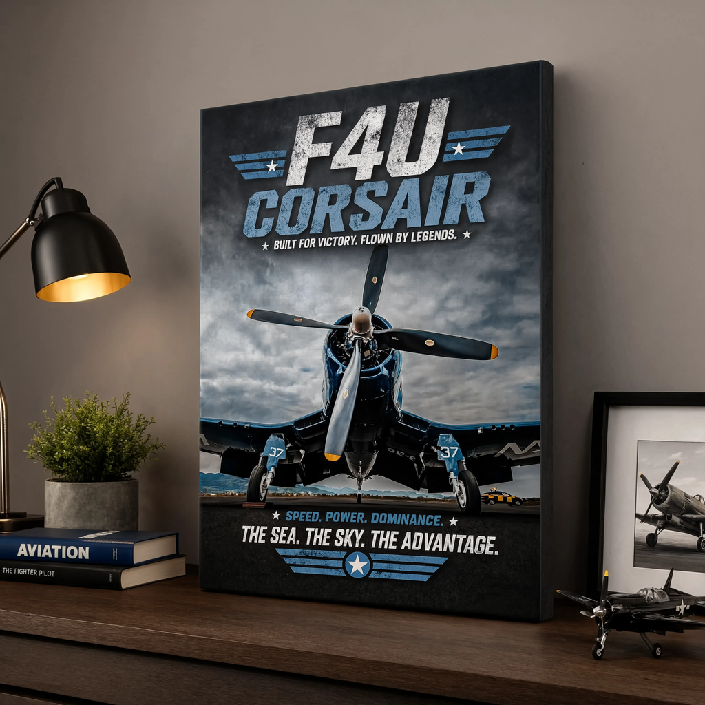 F4U Corsair poster hanging in man cave wall art display