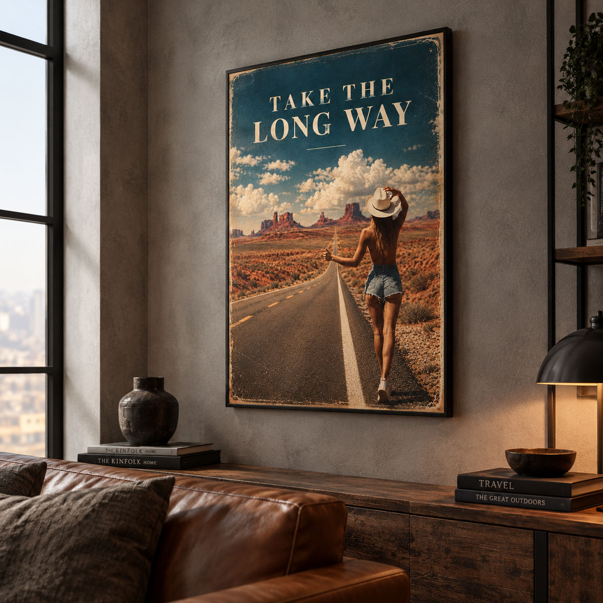Aged-paper style poster with elegant serif typography “Take The Long Way” and a straight highway leading to the horizon