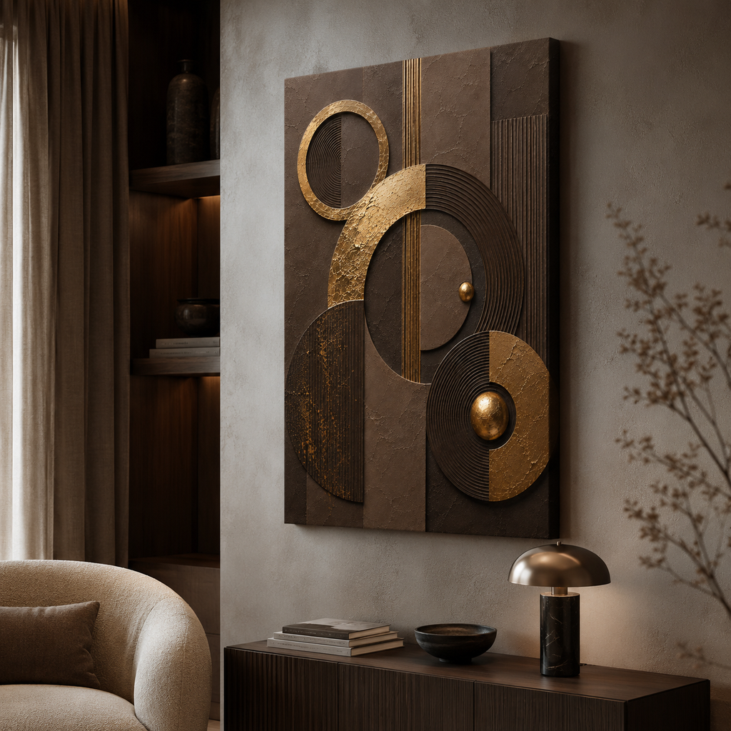 Chocolate brown canvas print faux gold texture wall art gallery wrap, moody sphere circle design for rich home décor.
