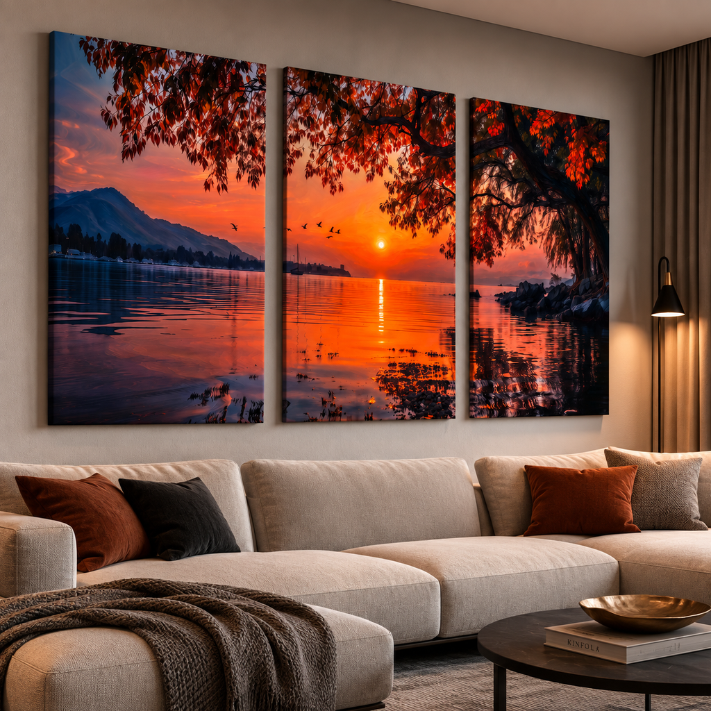 Sunset lake triptych canvas wall art, autumn mountain landscape print, 3 piece set for living room