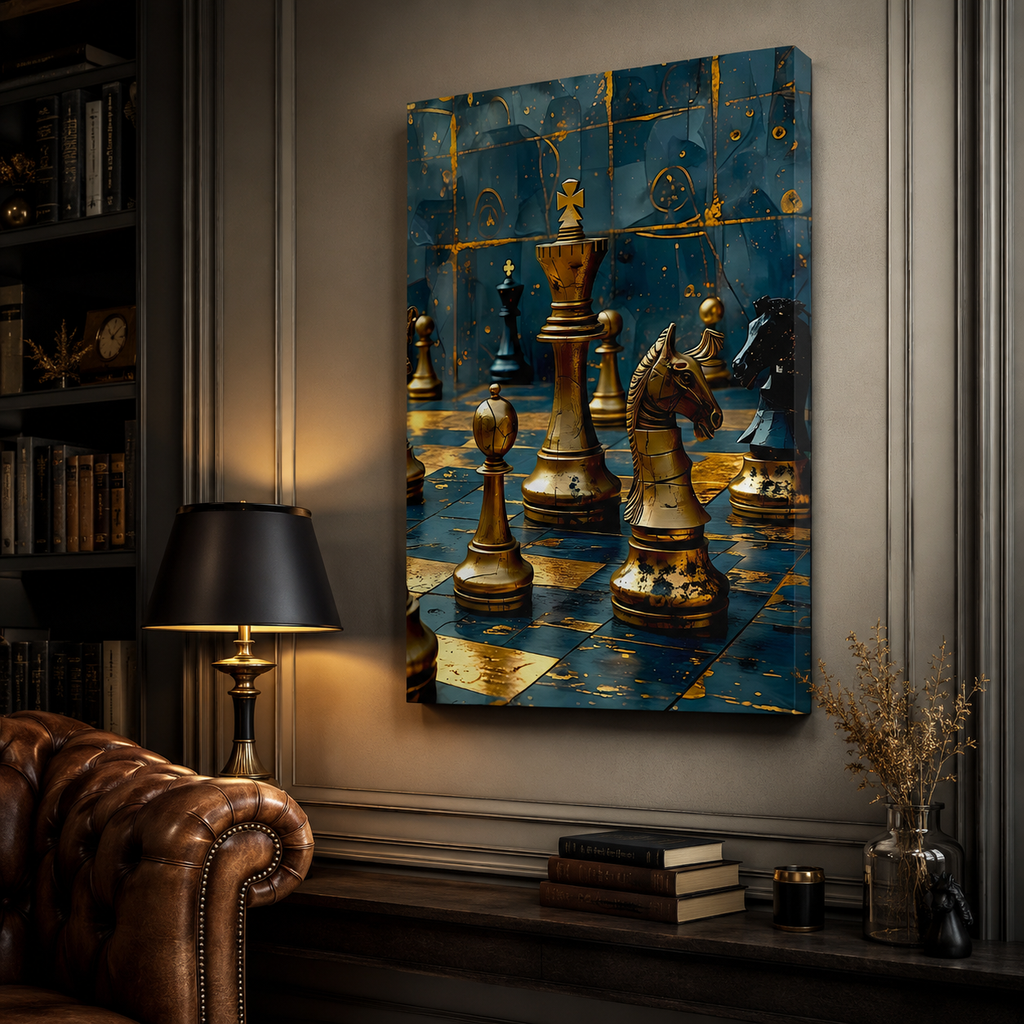 Teal and Gold Chess Canvas Art: Luxury Game Room Decor