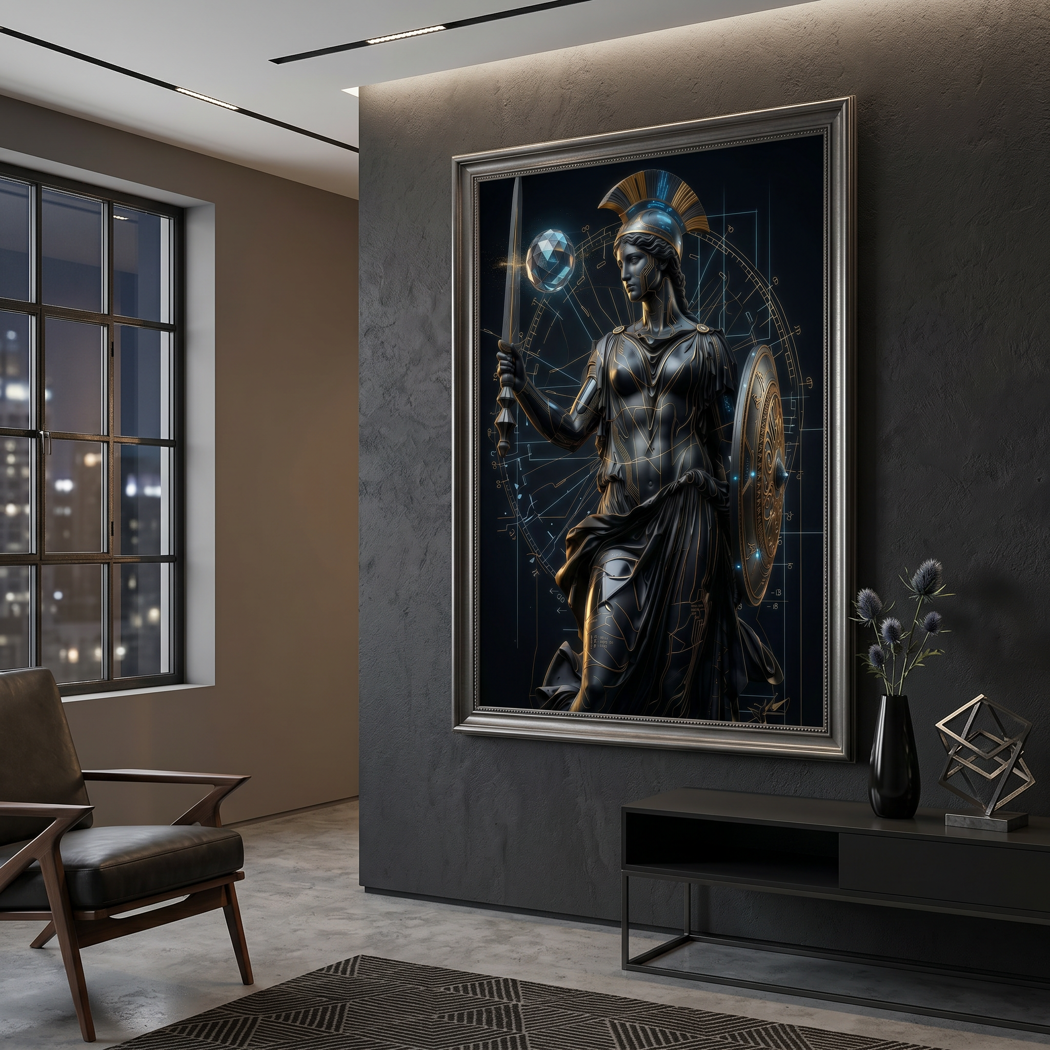quiet powerful atmosphere with greek goddess art in bedroom interior
