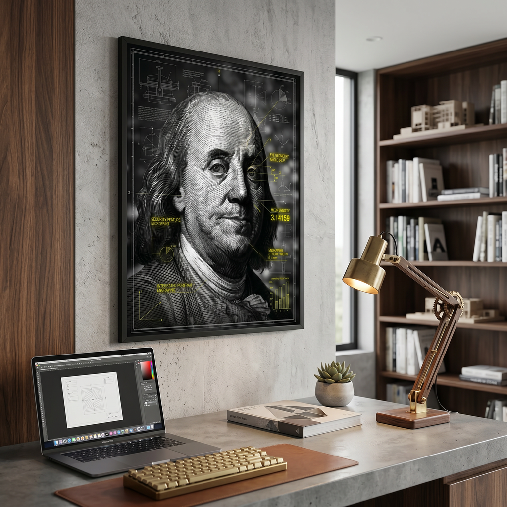 Blueprint Franklin print in man cave – dark academia office art, engraving portrait poster on grey wall