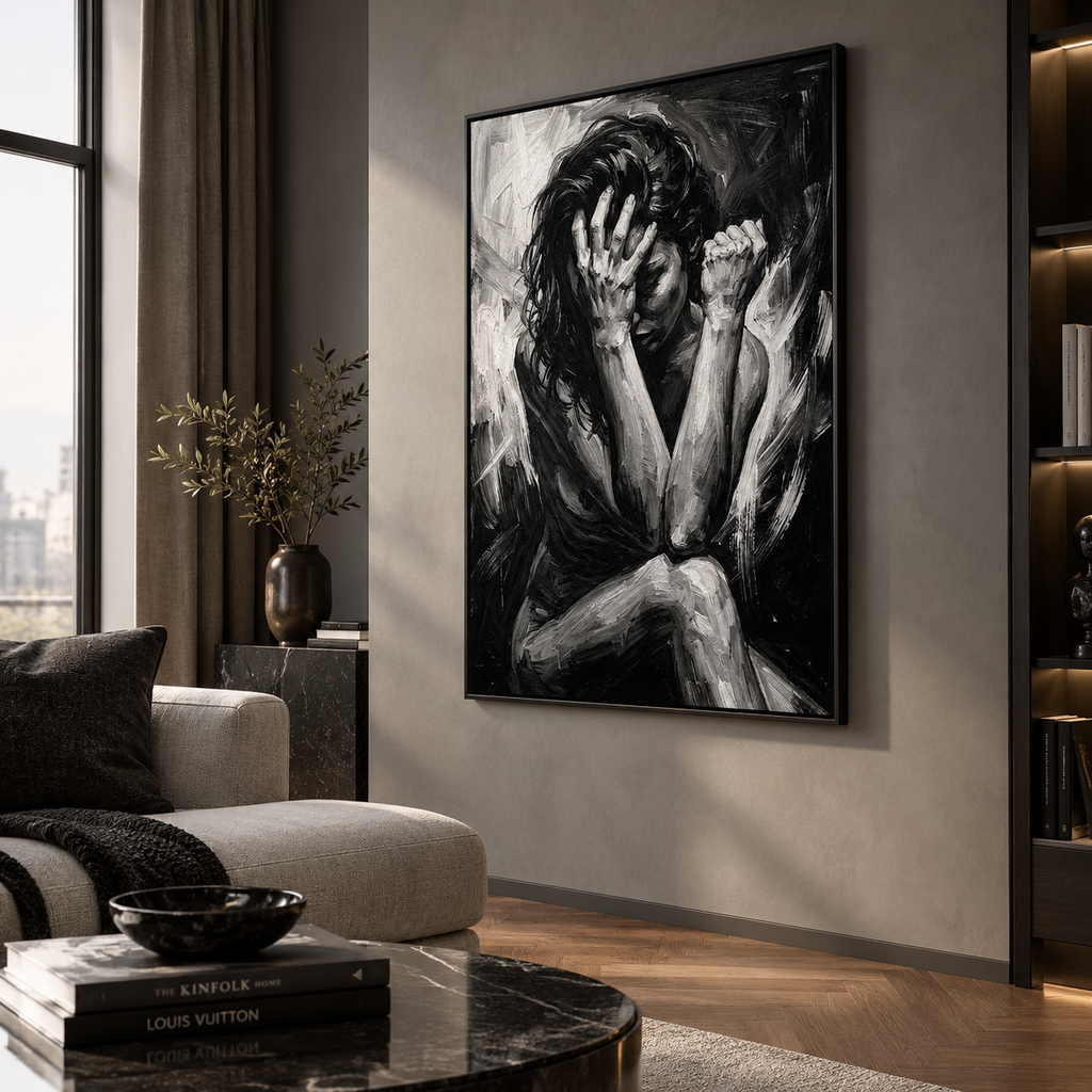 Anguish figure art poster framed in a modern loft setting