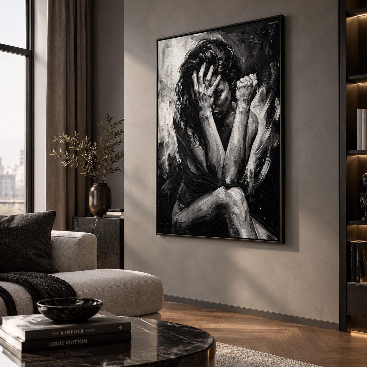 Anguish figure art poster framed in a modern loft setting