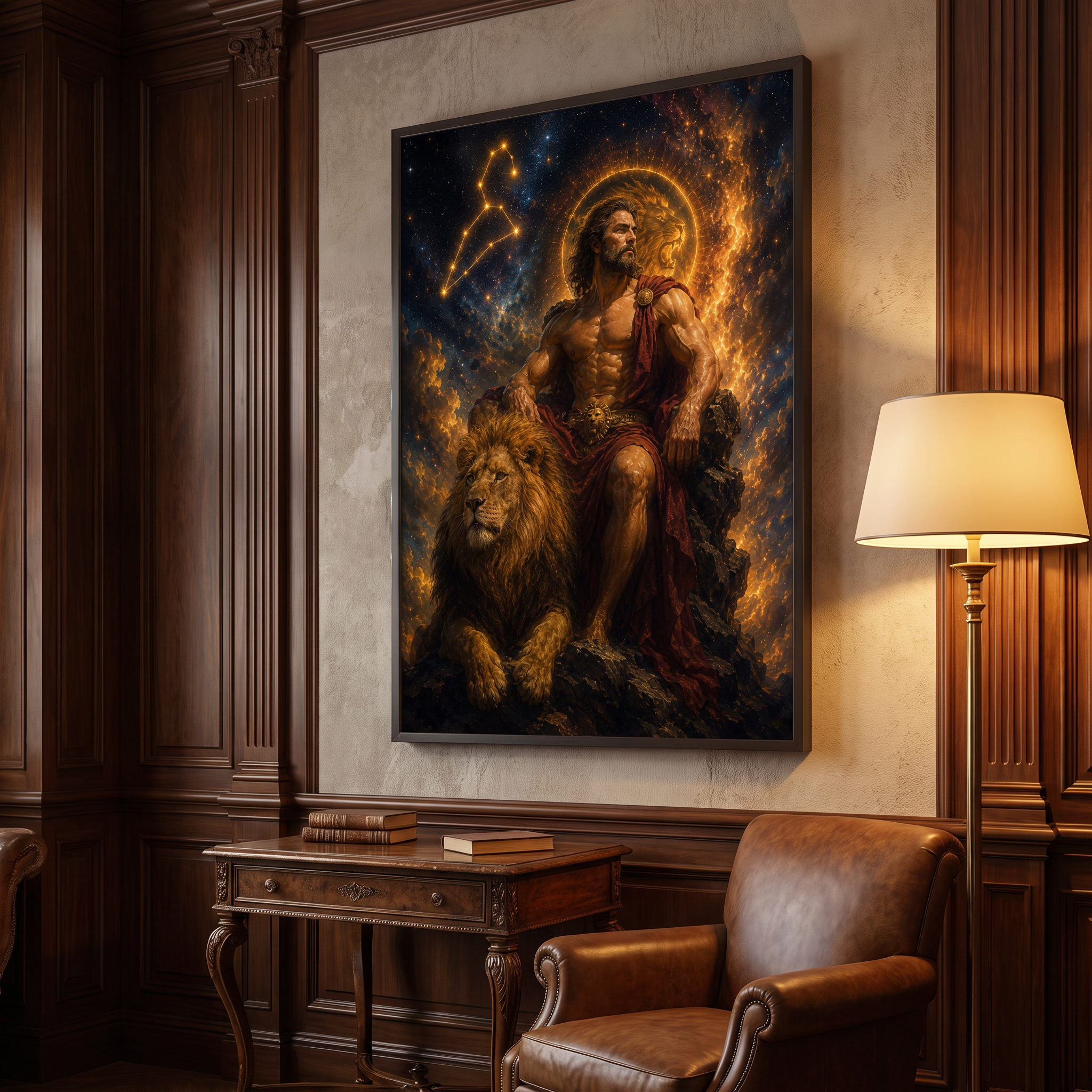 A steady, fiery presence watches over the room, calm and unmistakably regal