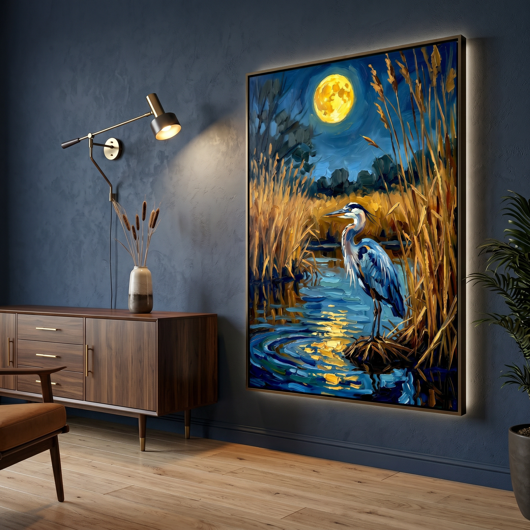 Full harvest moon over dark water — a heron art print where gold and navy hold each other without breaking.