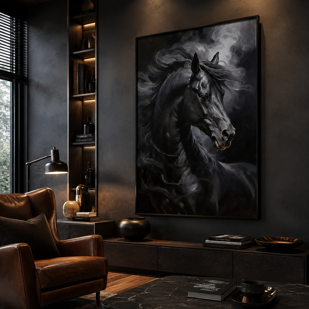 Black Stallion Wall Art Poster, Dark Fantasy Horse Print, Premium Paper Art, Horse Portrait, Digital Download Available