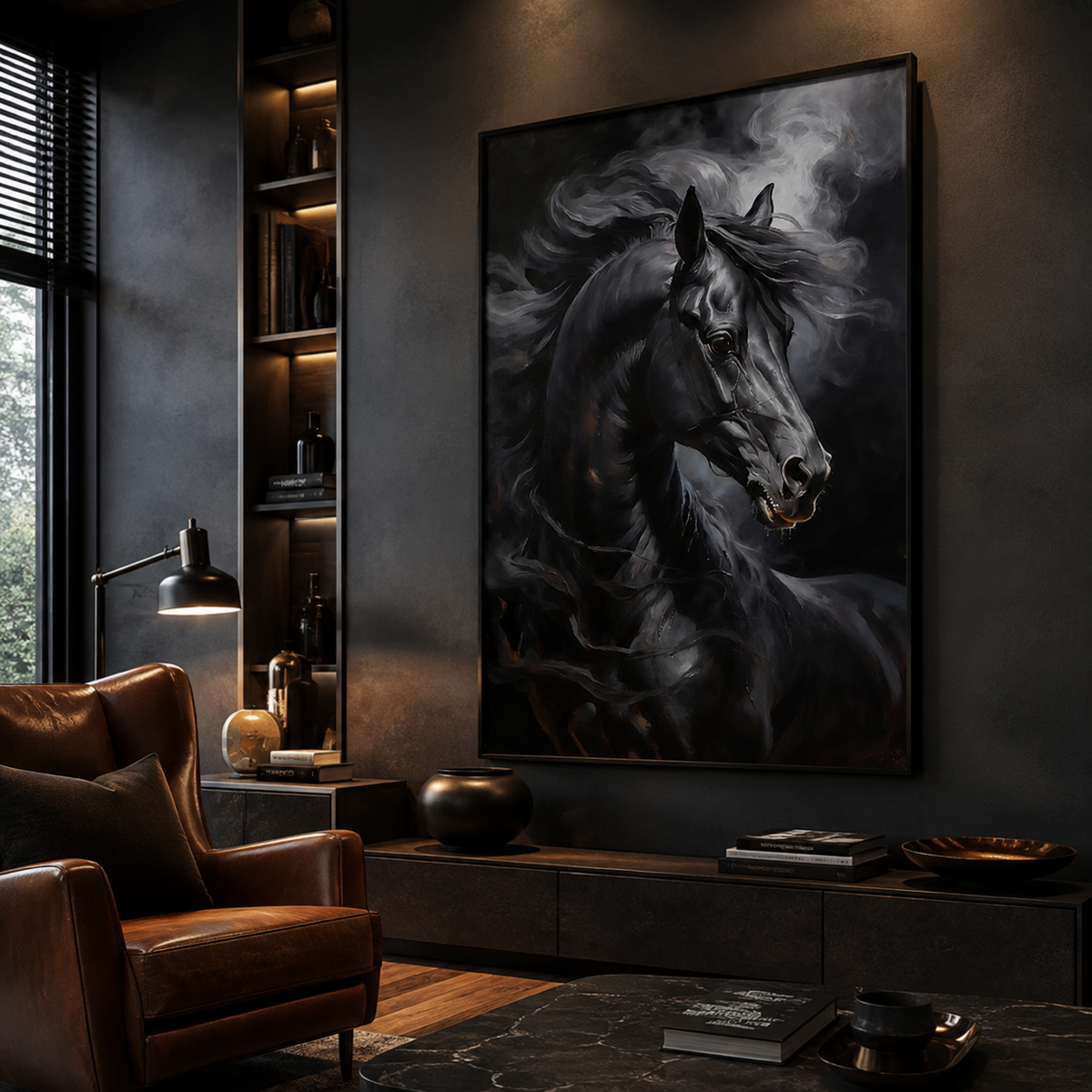 Black Stallion Wall Art Poster, Dark Fantasy Horse Print, Premium Paper Art, Horse Portrait, Digital Download Available