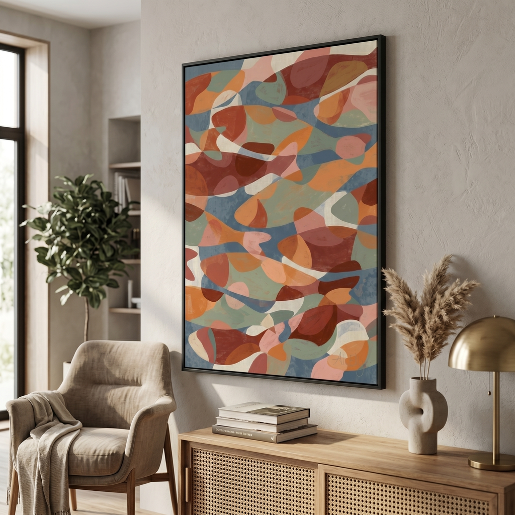 Abstract fish wall art print — colorful school of fish painting in terracotta, sage green and dusty blue, 300dpi
