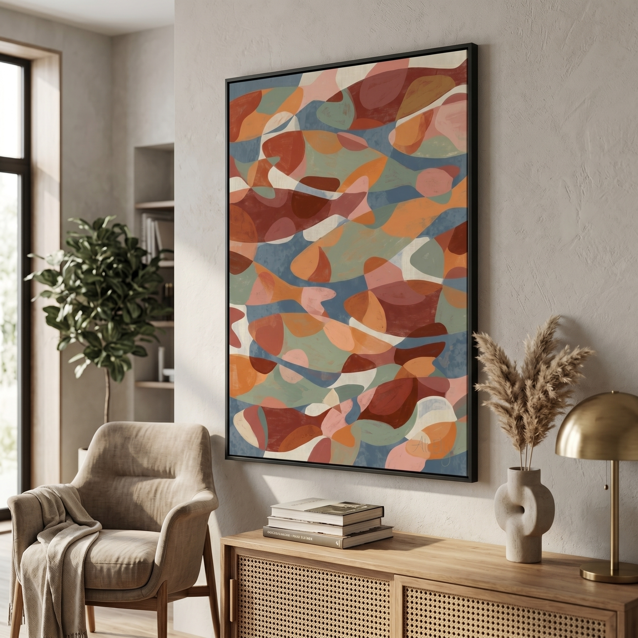 Abstract fish wall art print — colorful school of fish painting in terracotta, sage green and dusty blue, 300dpi
