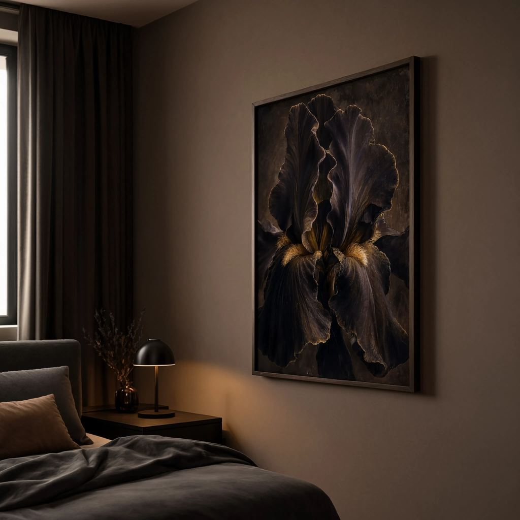 Black bearded iris botanical print with Dutch master style lighting