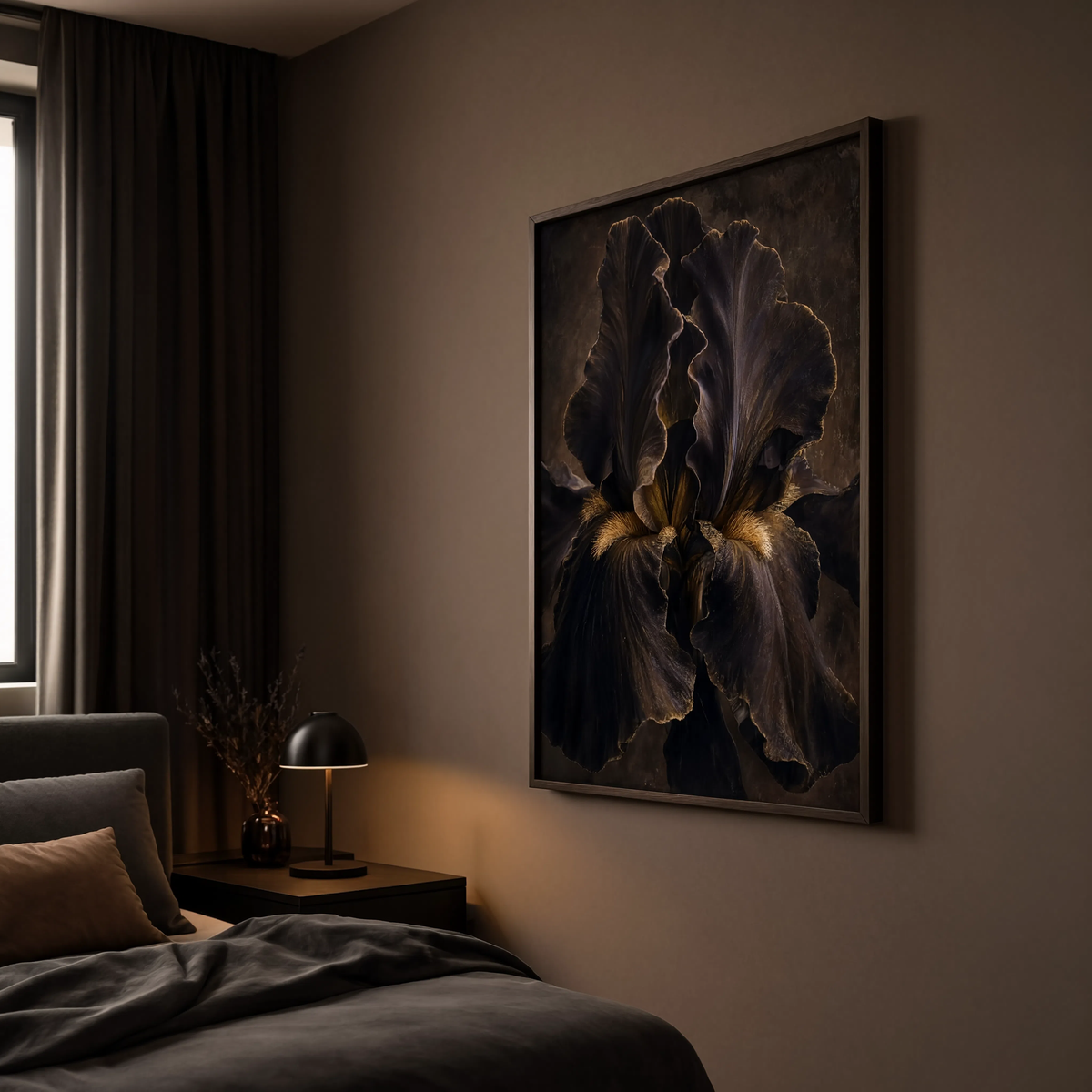 Black bearded iris botanical print with Dutch master style lighting