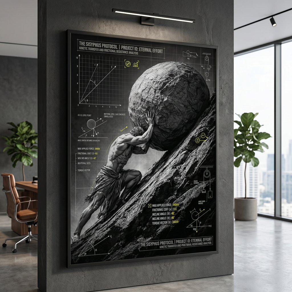 Black and white Sisyphus art — muscular figure, cracked stone boulder, yellow force vectors cutting through the dark like a battle plan