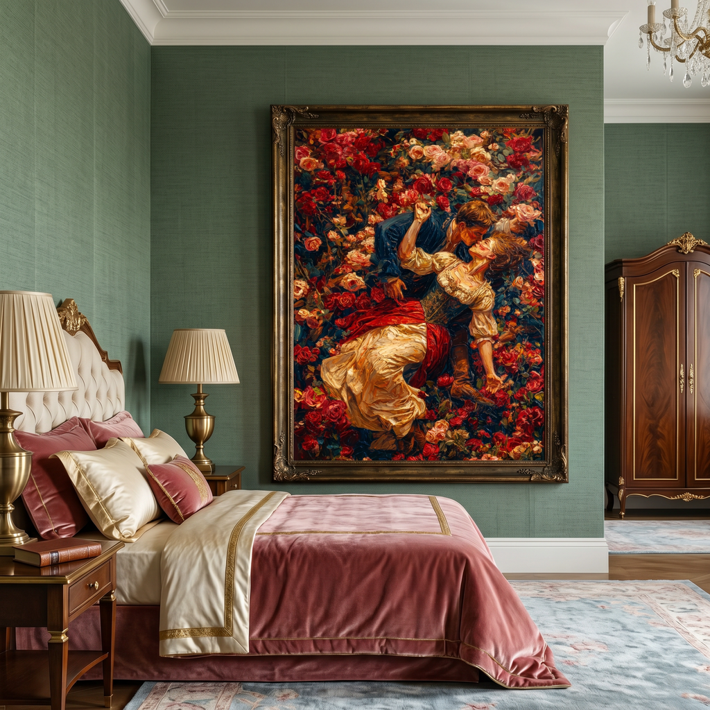 A couple lost in a kiss, surrounded by roses, captured in thick impasto brushwork