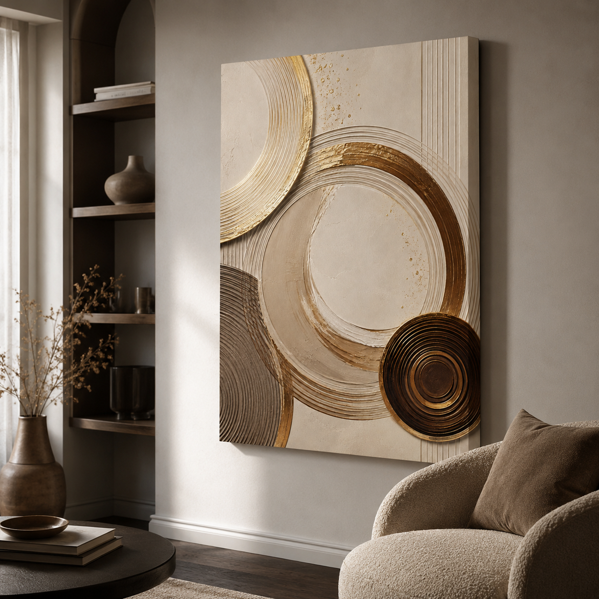 Textured gold leaf abstract art on cream plaster background