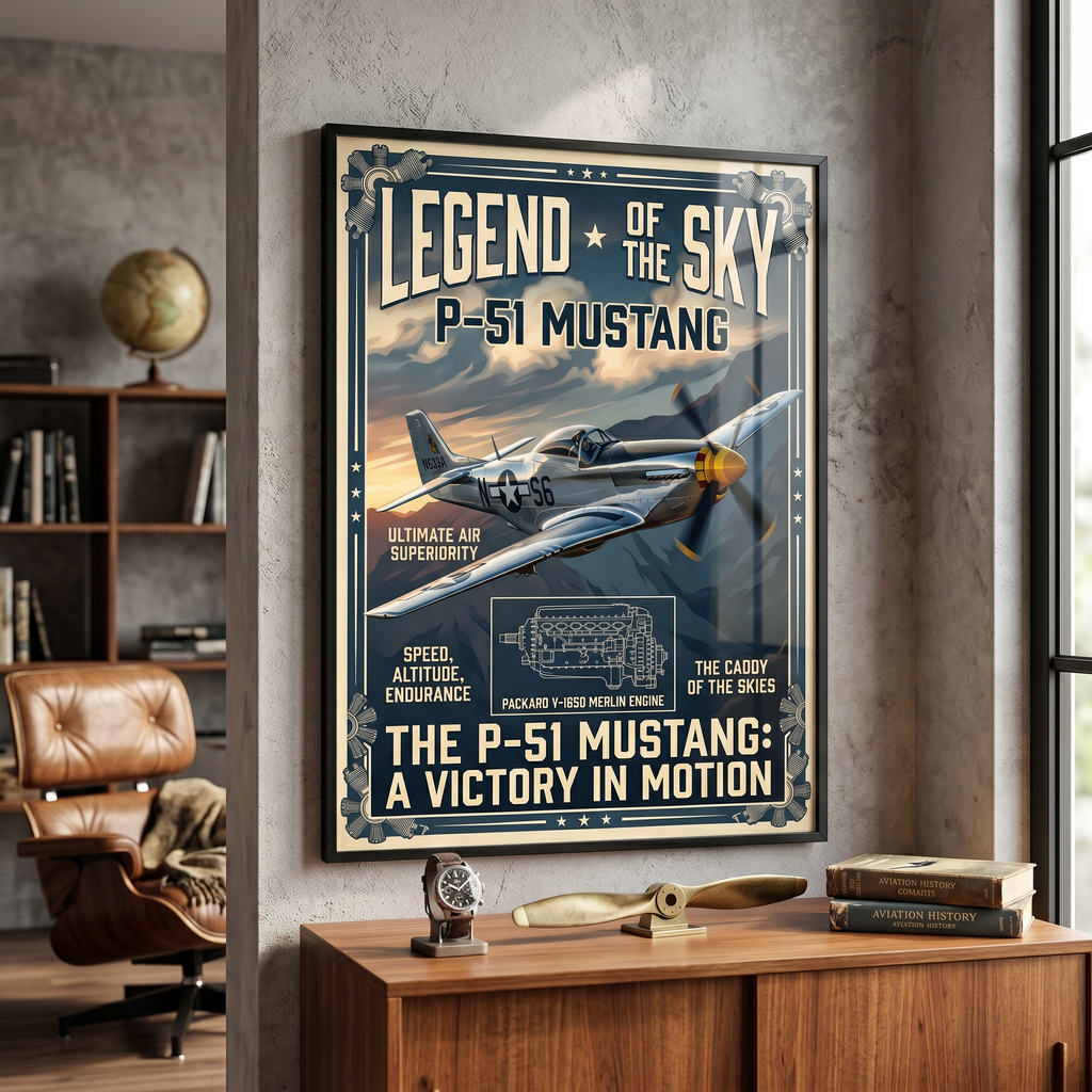 P-51 Mustang wall art print — vintage WWII aviation poster, navy and gold, fighter plane decor
