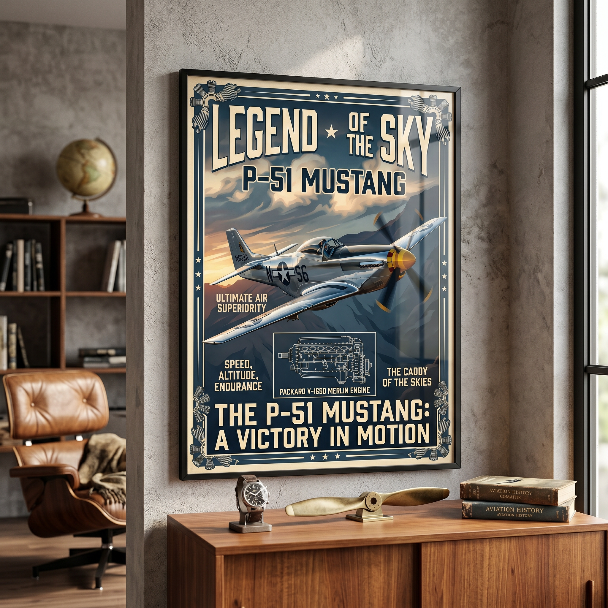 P-51 Mustang wall art print — vintage WWII aviation poster, navy and gold, fighter plane decor
