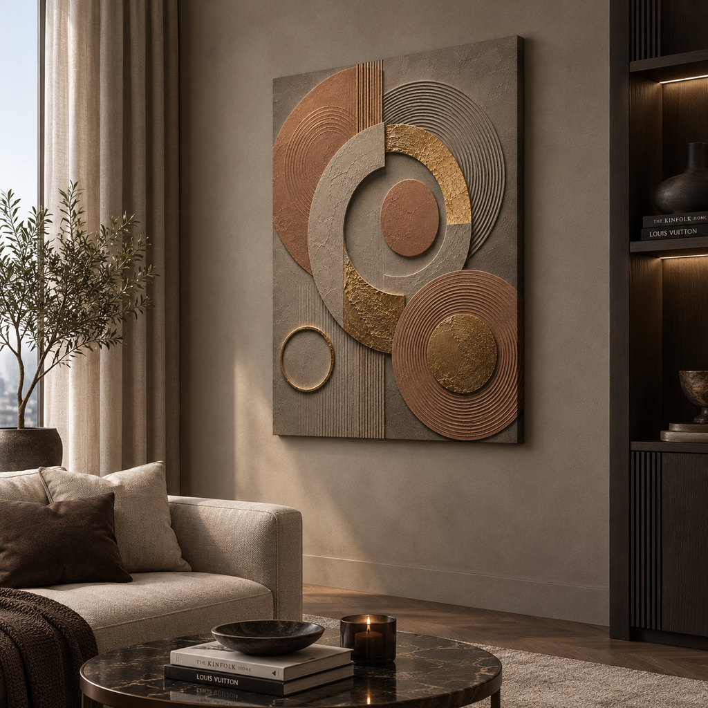 Terracotta canvas print faux gold texture wall art gallery wrap, warm earthy circle design for cozy home décor