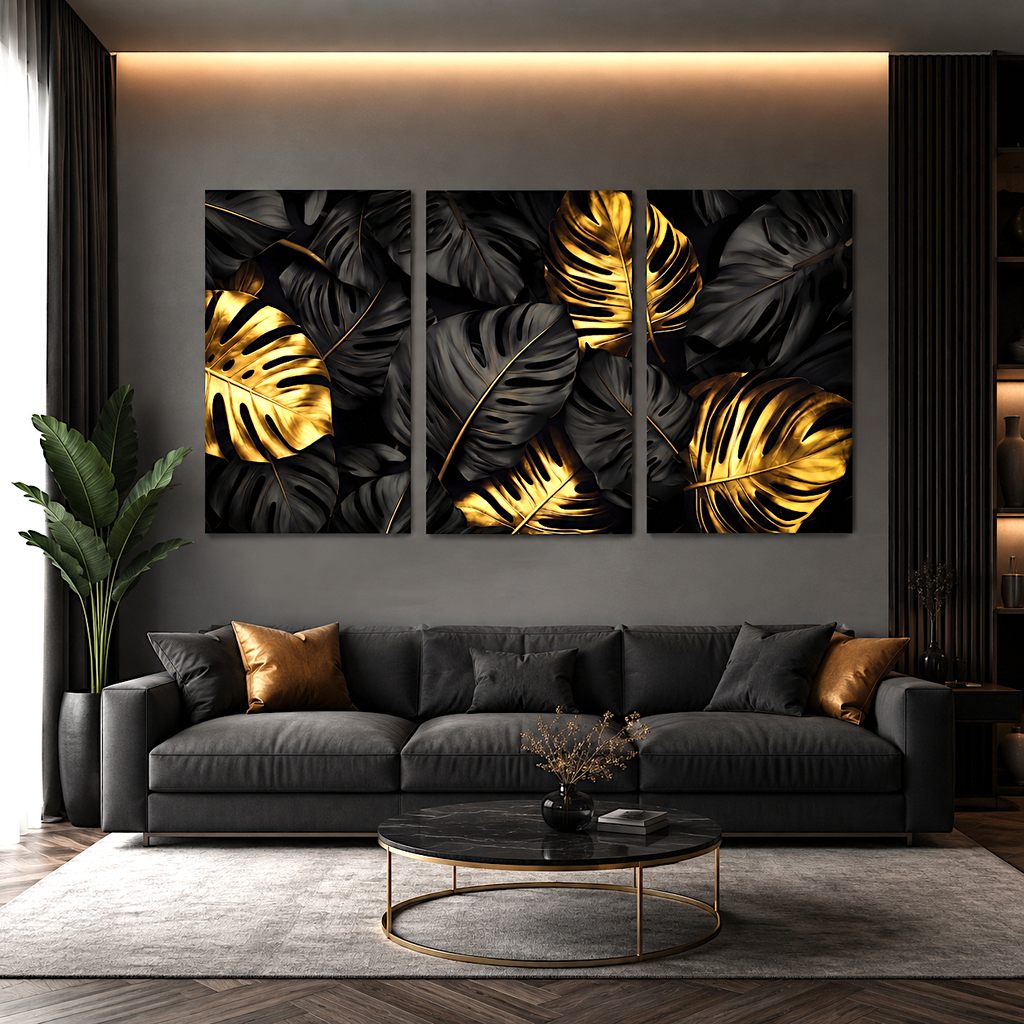 Bold black gold wall art anchors a dark, statement living room wall