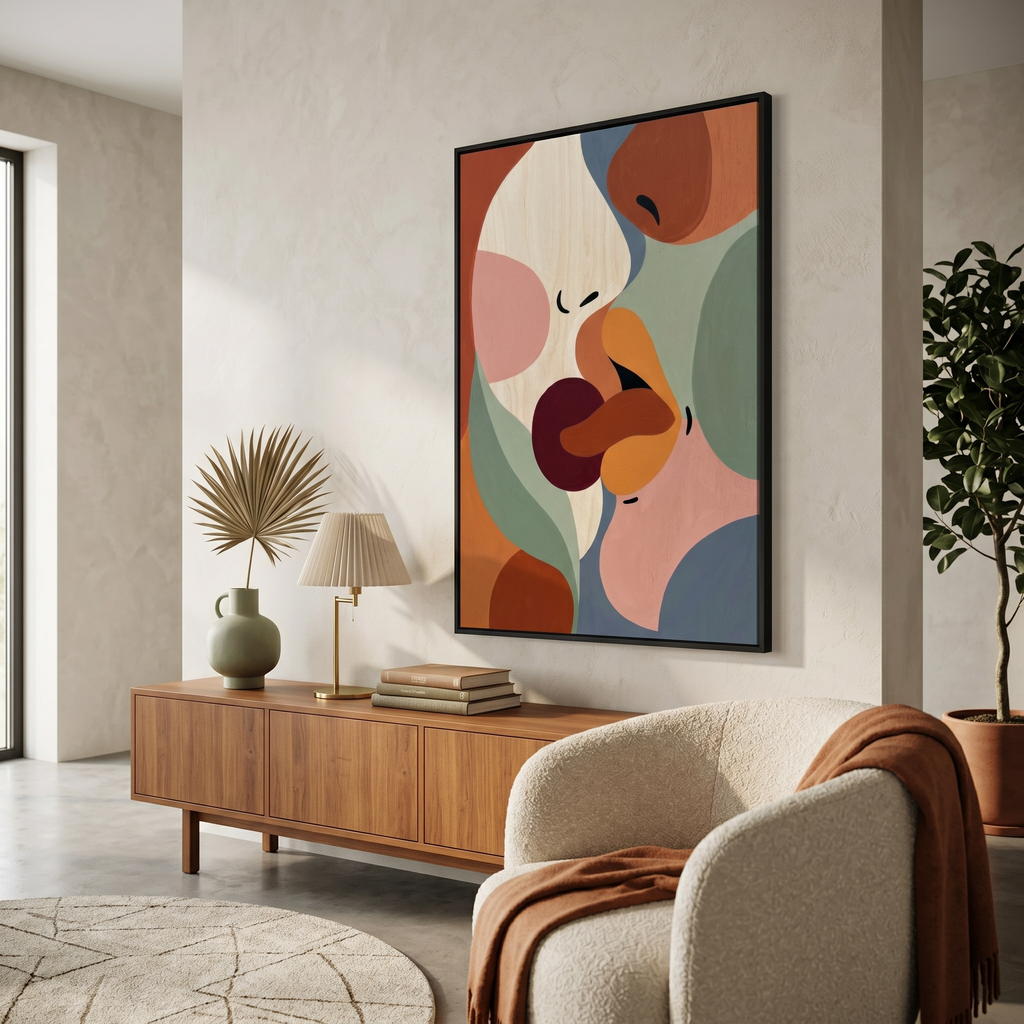 Stretched canvas romantic art print — abstract couple kiss, gallery wrap 1.5 inch, ready to hang, terracotta sage
