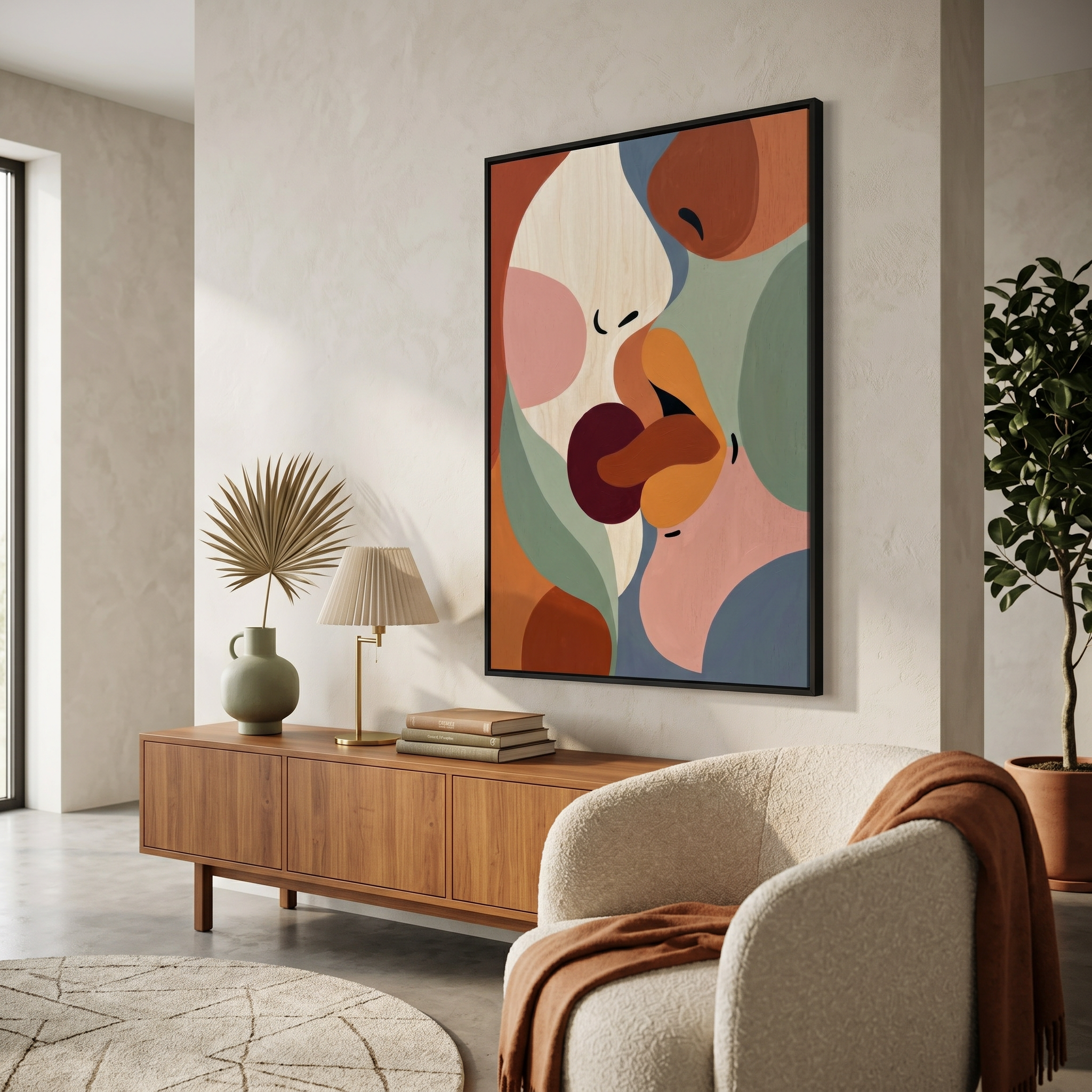 Stretched canvas romantic art print — abstract couple kiss, gallery wrap 1.5 inch, ready to hang, terracotta sage