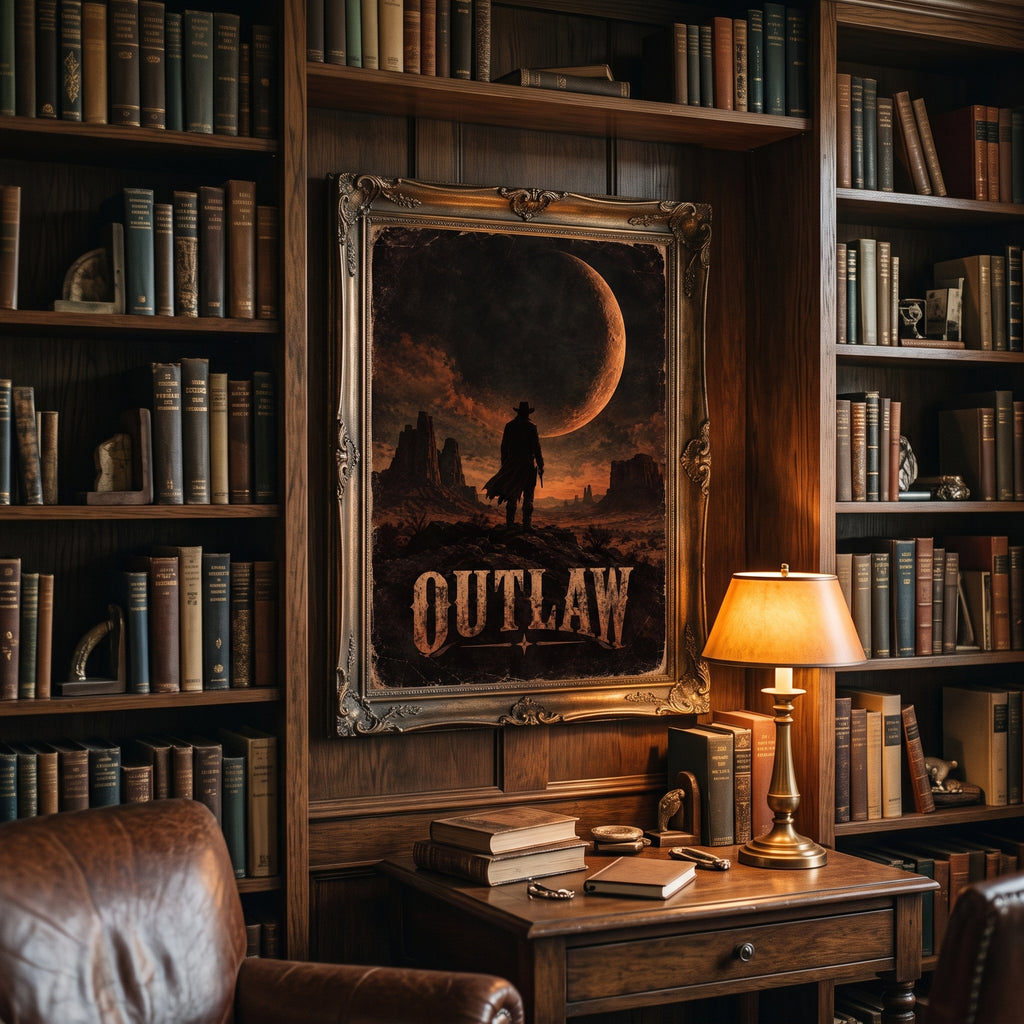 Cinematic Western movie-style poster with a giant crescent moon and a revolver-carrying silhouette