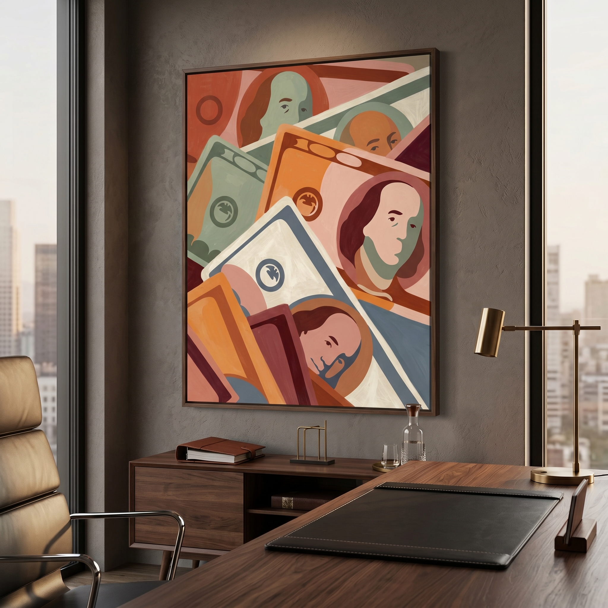 Money wall art print – flat graphic dollar bill illustration, terracotta sage and steel blue, archival matte or canvas