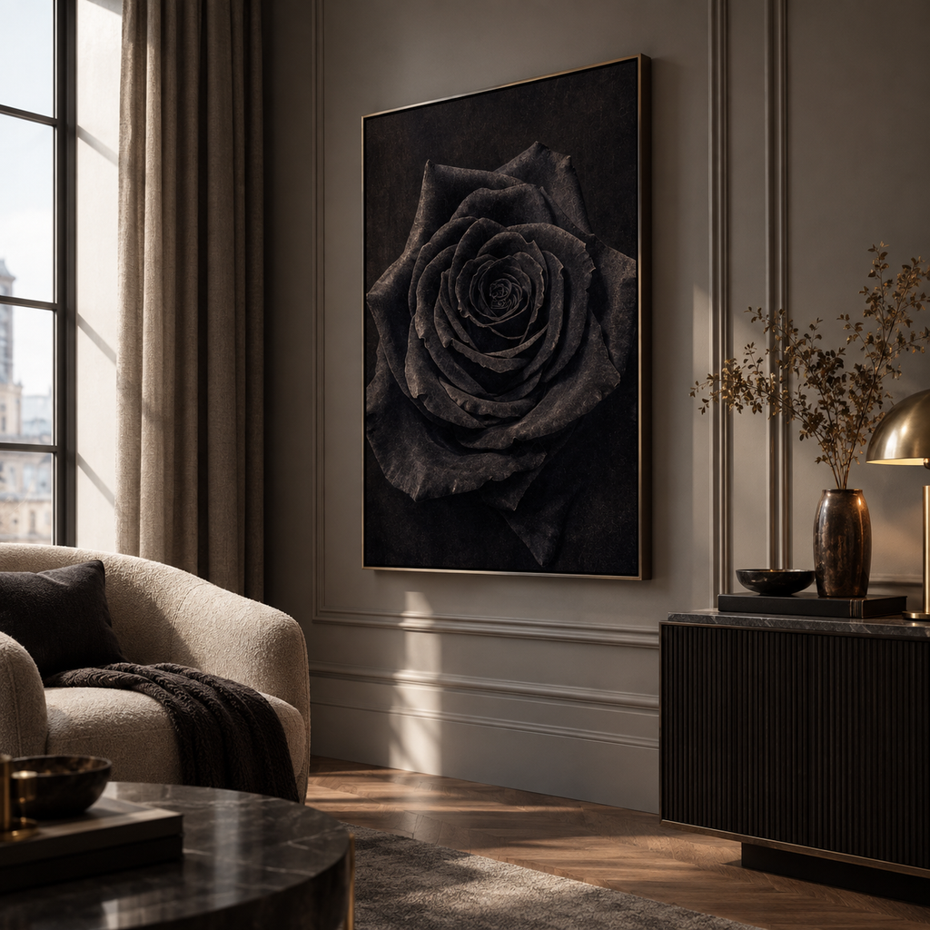 Vertical dark rose poster on a living room wall above a console table with brass and wood decor