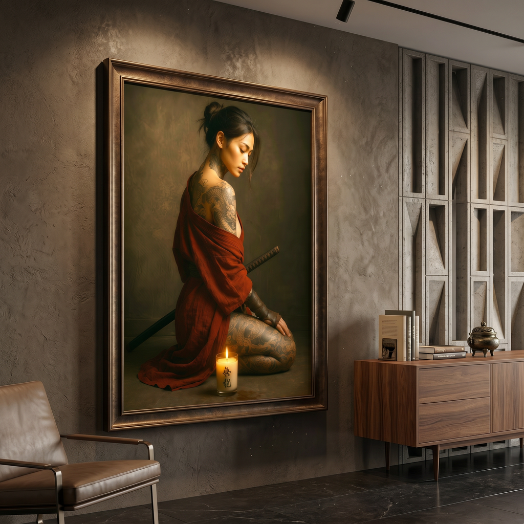 Japanese art print on dark wall — samurai woman red kimono, warrior woman art, premium matte poster
