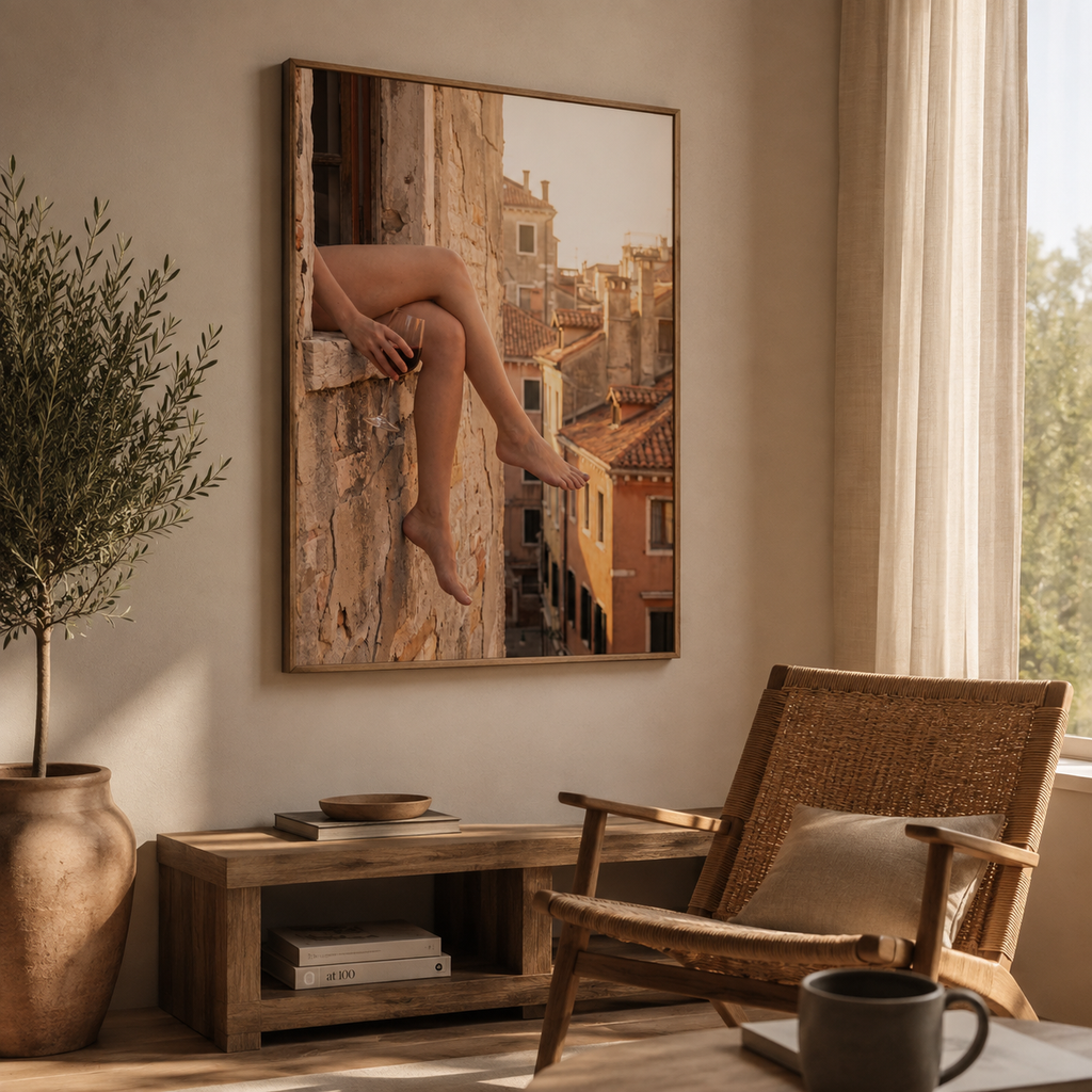 A slow golden-hour morning at an old stone window, wine in hand, warmth in every tile