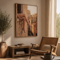 A slow golden-hour morning at an old stone window, wine in hand, warmth in every tile